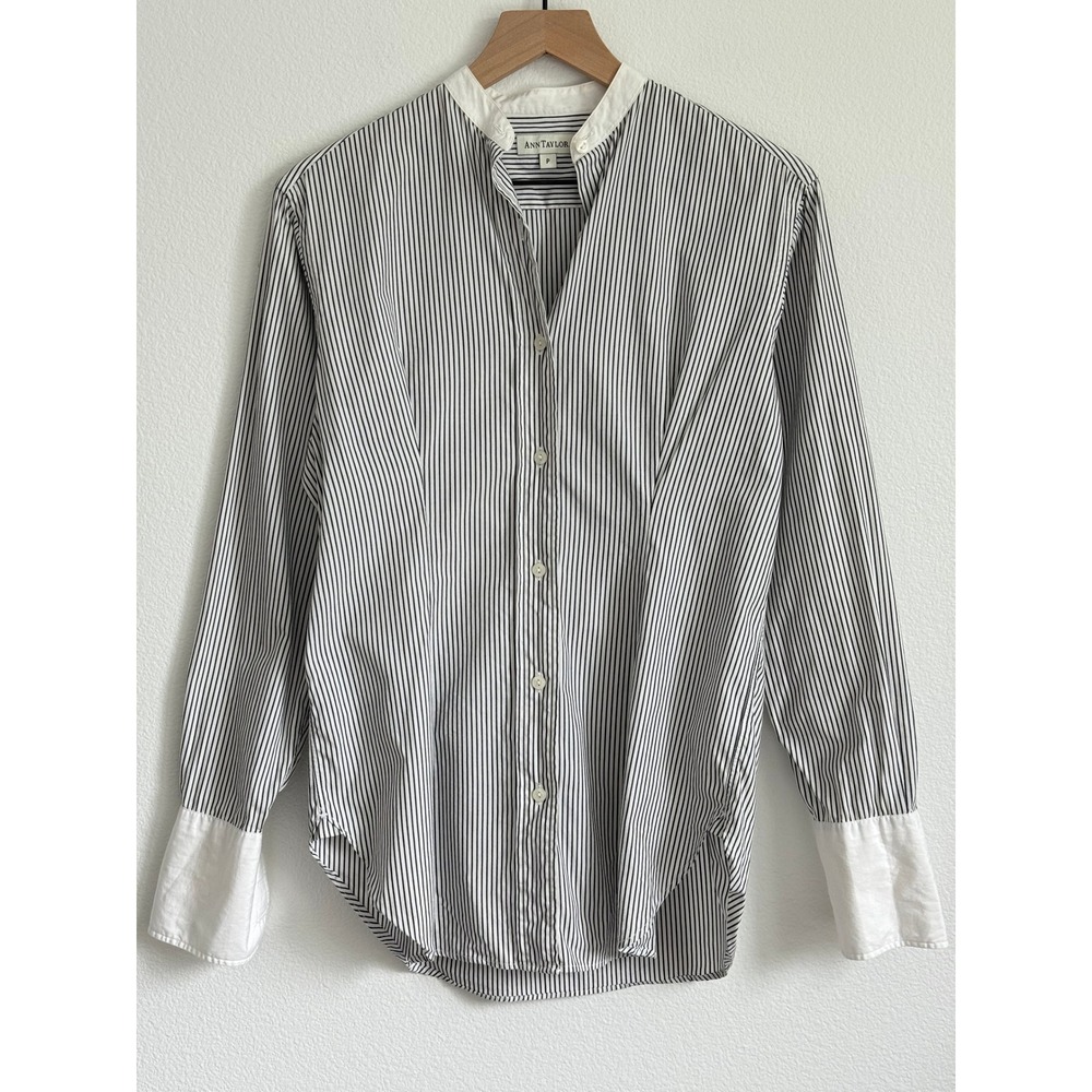 Ann Taylor Pinstripe Shirt Petite P Black Old Money Mandarin Collar‎ French Cuff